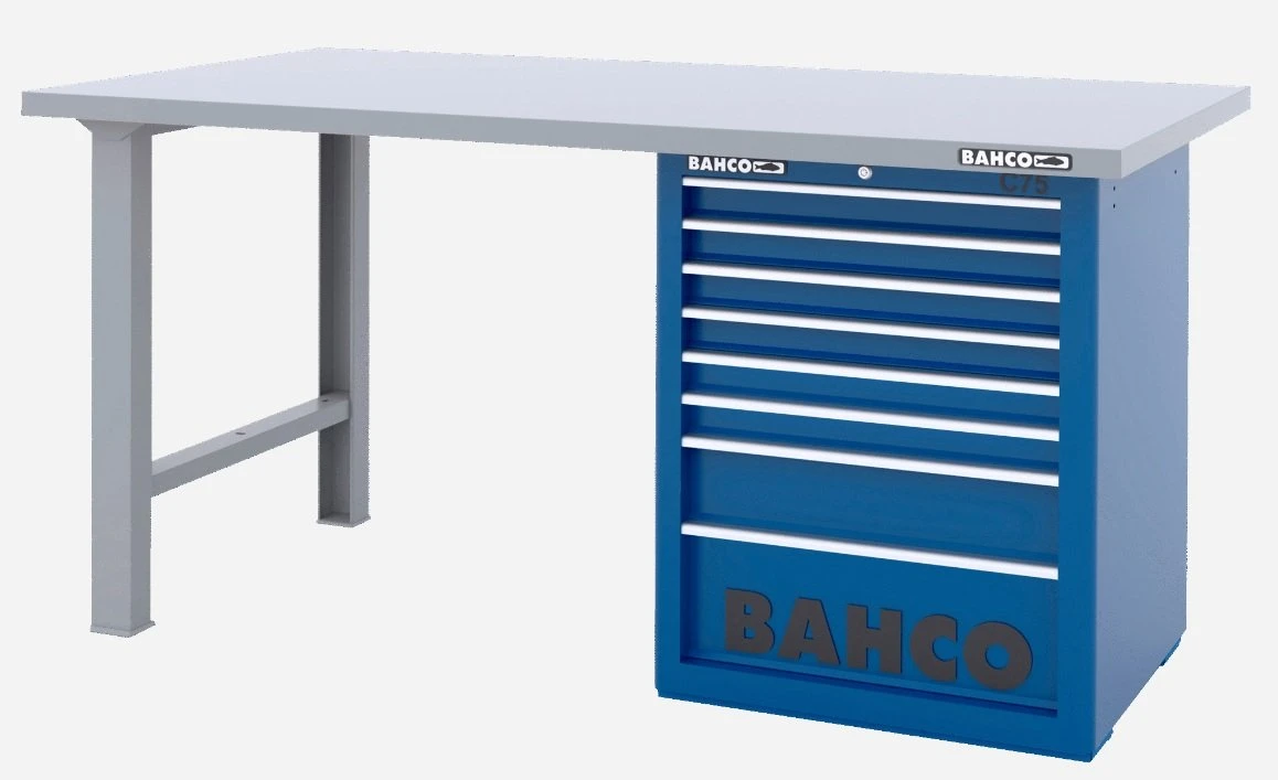 Bahco 1495KH8BLWB18TS Heavy Duty Low Height Steel Top Workbench With 8 Drawer Blue Cabinet 1800mm Long
