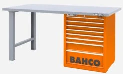 Bahco 1495KH8WB18TS Heavy Duty Low Height Steel Top Workbench With 8 Drawer Orange Cabinet 1800mm Long